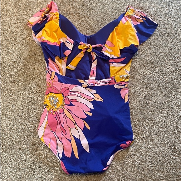 Trina Turk Breeze Ruffle Plunge One-Piece Swimsuit Size 14 - Picture 3 of 5